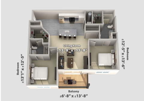 Floor plan for 2 beds, 2 baths, 1141 sqft